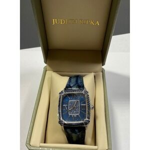 Judith Ripka Women's Square Blue Dial Crystal Bezel Leather Strap Swiss Watch